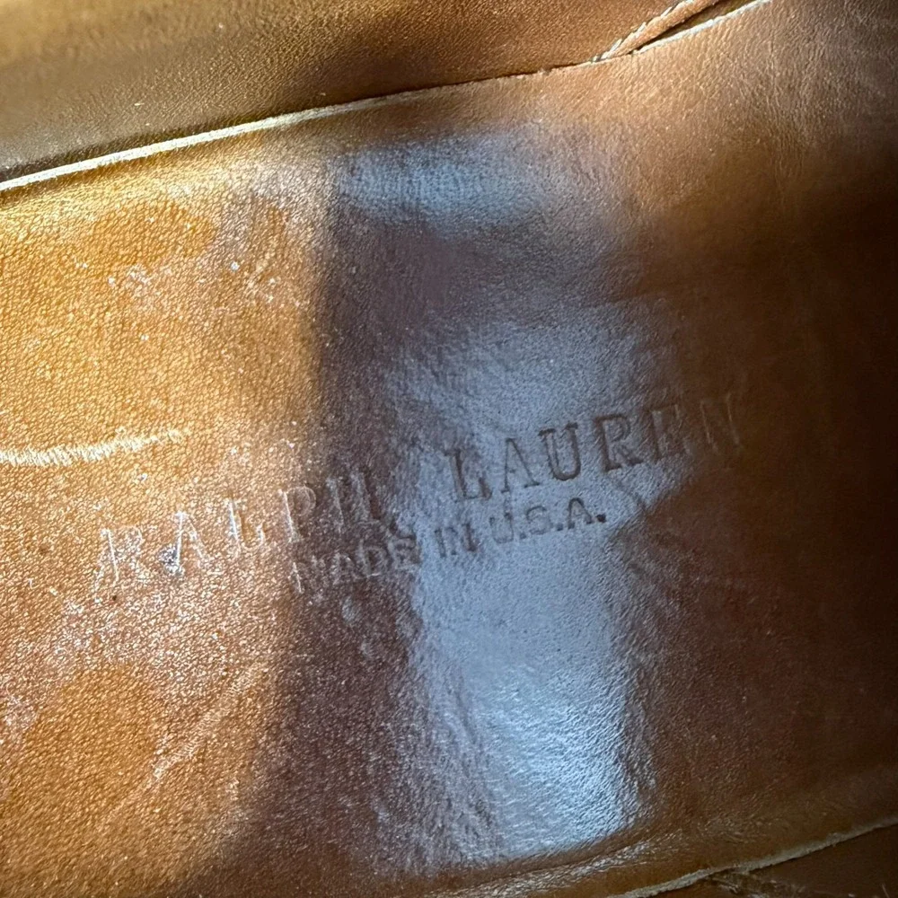 Ralph Lauren Sanderson Burnished Wingtip Oxford Dress Shoes Mens 10 D Brown Tan